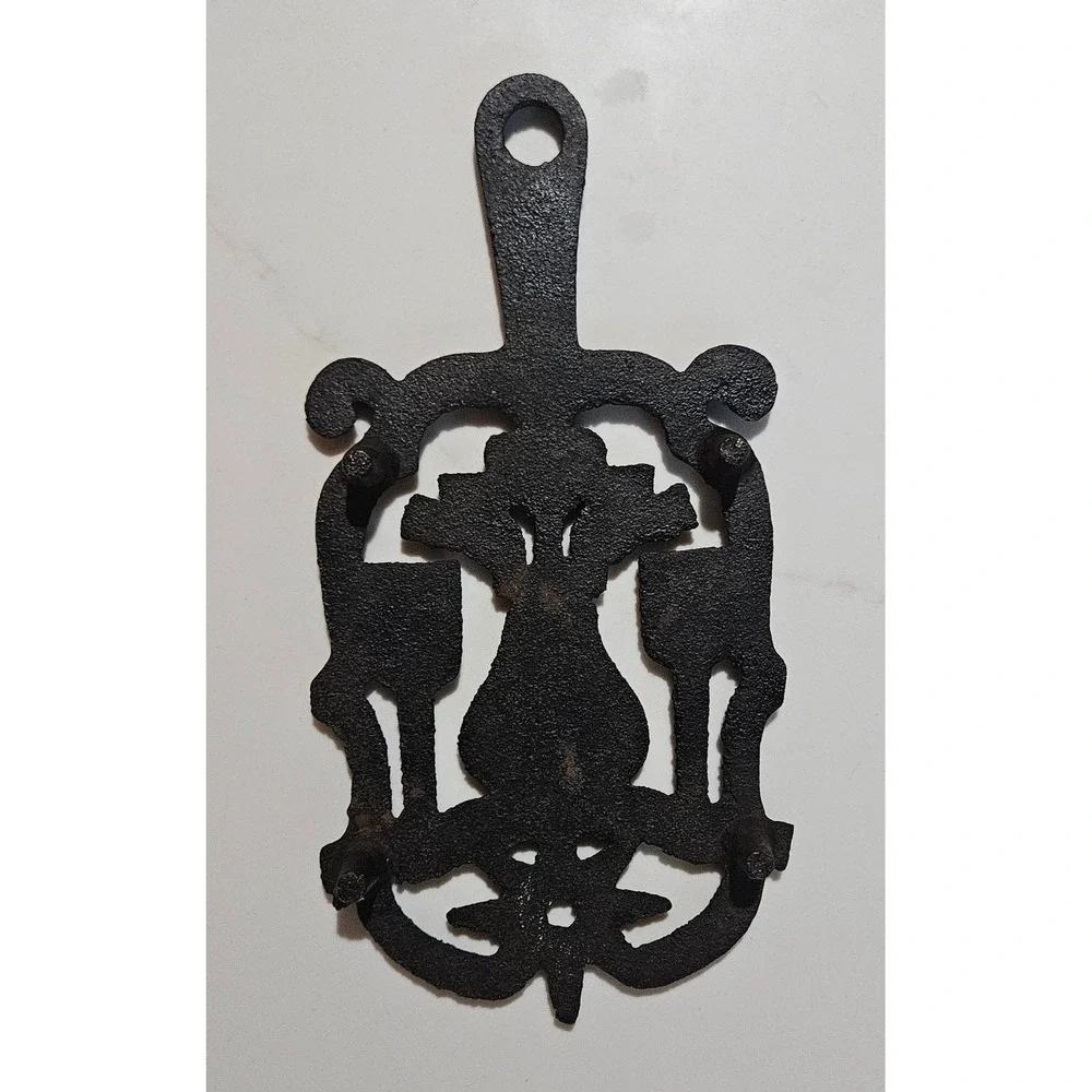Vintage Cast Iron Trivet Pennsylvania Dutch Hex Heart Distelfink Black